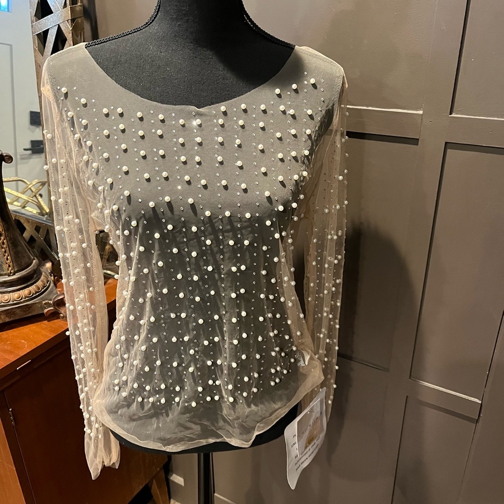 Chicwish Sheer Pearl Embellished Blouse - Cream